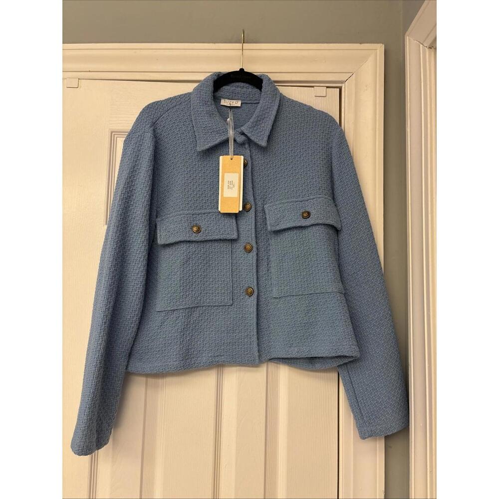 NWT Suzy D Tweed Knit Jacket Blazer Blue Size Large. Pockets. Work Office.
